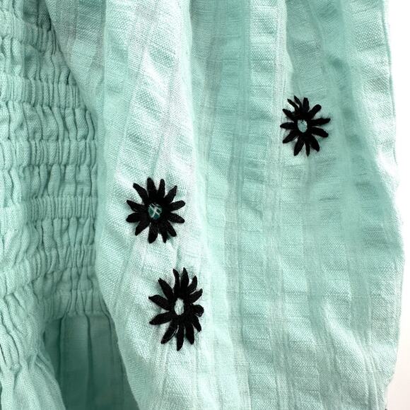 Tanya Taylor Emma Top Aqua and Navy Smocked Top with Balloon Sleeves Ruffles Med - Picture 7 of 11